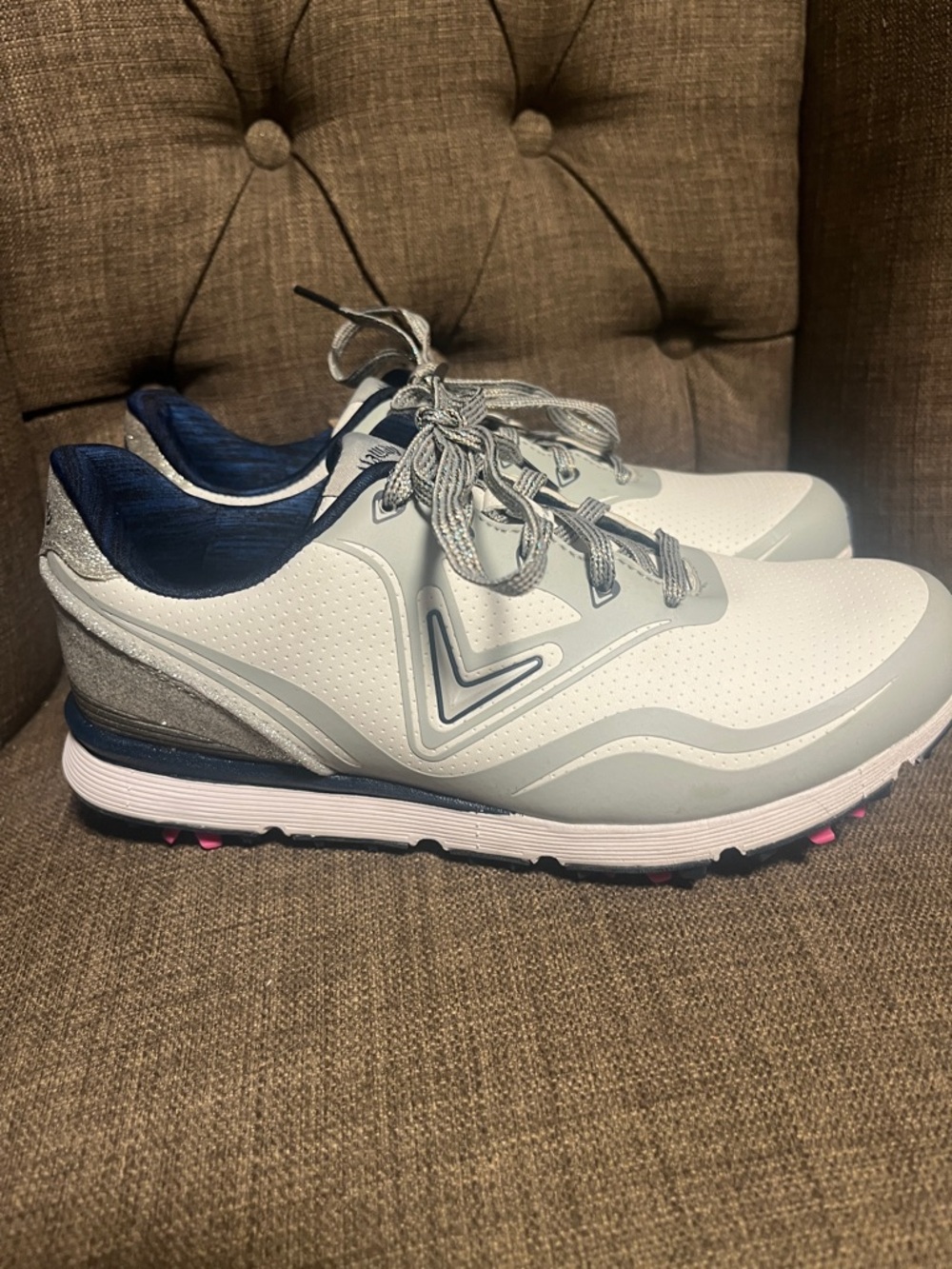 Callaway White and Gray Athletic Golf Shoes with Navy Accents
